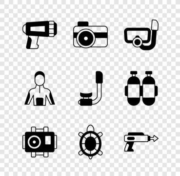 Set Flashlight for diver, Photo camera, Diving mask with snorkel, Turtle, Fishing harpoon, Wetsuit scuba diving and Snorkel icon. Vector