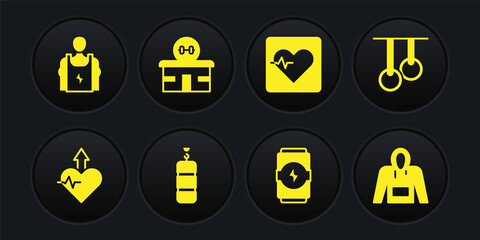 Set Heartbeat increase, Gymnastic rings, Punching bag, Energy drink, rate, building, Hoodie and Bodybuilder icon. Vector