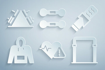 Set Heart rate, Protein sport bar, Hoodie, Sport horizontal, Dumbbell and Metal rack with weight icon. Vector