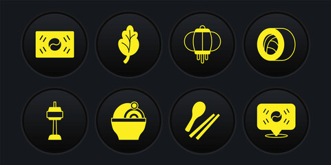 Set N Seoul tower in South Korea, Sushi, Ramen, Food chopsticks, Korean lantern, Kimchi, Location and flag icon. Vector