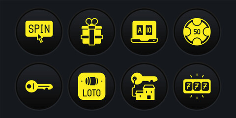 Set Old key, Casino chips, Lottery ticket, Winning house with, Online poker table game, Gift box, Slot machine jackpot and spin button icon. Vector