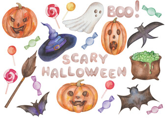 Watercolor illustration hand painted pumpkins, ghost, bat, cauldron, sweets, witch hat for Halloween isolated on white. Clip art elements for design postcard, poster, packaging paper, fabric material