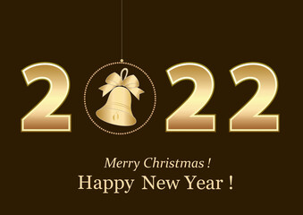 Merry Christmas 2022. Festive banner with golden numbers 2022 and bell on dark background with greeting text Happy Holidays. Vector illustration
