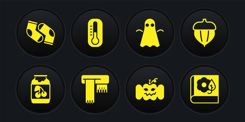 Set Jam jar, Acorn, Winter scarf, Pumpkin, Ghost, Thermometer, Herbarium and Socks icon. Vector