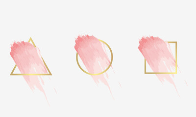 three Triangular frames ,circles, golden outline squares with pink brush strokes, on a white background. Icon. Vector design template for banner, card, cover, poster, logo.