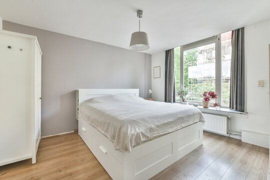 Interior bedroom with big bed and closet