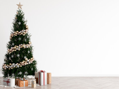 christmas tree with presents, blank wall mockup, 3d render