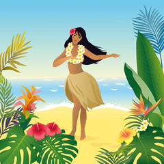 Obraz na płótnie Canvas Beautiful hawaiian girl dancing on the sand on the beach against the blue sea surrounded by tropical leaves and flowers