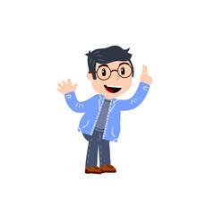 Little boy with glasses. Happy smart child points his finger at top. Cute Character in blue clothes. Flat cartoon
