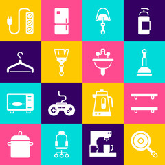 Set Frying pan, Empty wooden shelves, Rubber plunger, Spatula, Paint brush, Hanger wardrobe, Electric extension and Washbasin icon. Vector