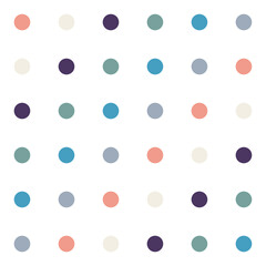 Polka Dot Pattern. Orange, Cream, Purple, Gray and Blue Color Dot on white background. Seamless Background for graphic design, fabric, textile, fashion. Color Trend 2021.
