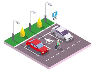 Man in wheelchair at accessible parking space for cars, vector isometric illustration. Parking lot for disabled people.