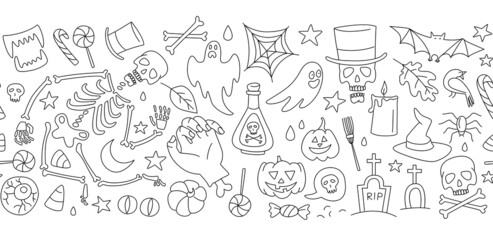 Halloween seamless pattern with cute skeleton, pumpkins, zombies, ghosts, treats