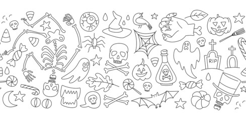 Halloween seamless pattern with cute skeleton, pumpkins, zombies, ghosts, treats
