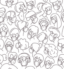 Decorative diverse women men wearing medical mask head seamless pattern background.