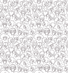 Decorative diverse women men wearing medical mask head seamless pattern background.