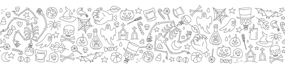 Halloween seamless pattern with cute skeleton, pumpkins, zombies, ghosts, treats