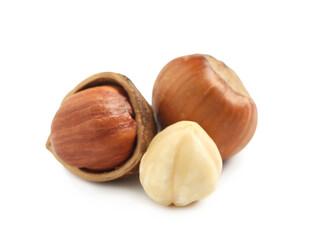 Tasty organic hazelnuts on white background. Healthy snack