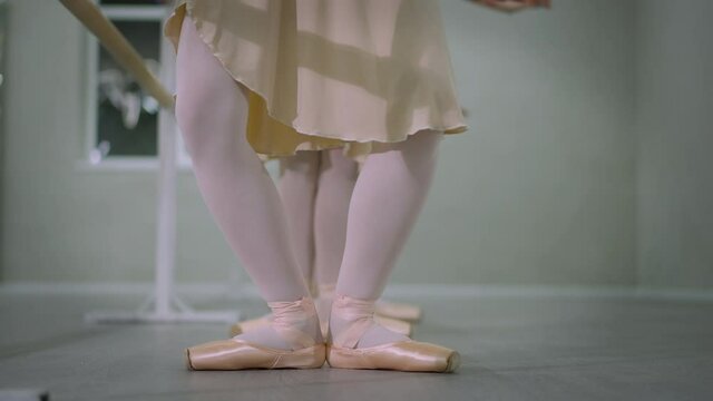 Unrecognizable slim ballerinas rehearsing tendu and plie ballet movements at barre in dance studio. Female legs moving front view. Live camera moves to right and to left