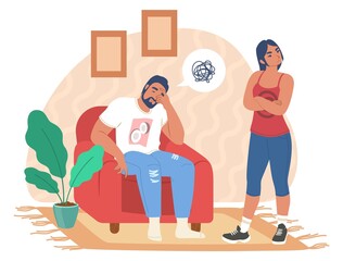 Unhappy family couple having relationship problems. Marriage conflict, crisis, disagreement divorce, vector illustration