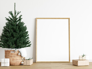 wooden frame mockup with christmas tree and box, 3d render