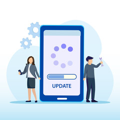 User updating operation system with progress bar. Software upgrade and installation program. Concept of system update, software installation. Flat vector template Style Suitable for Web Landing Page.