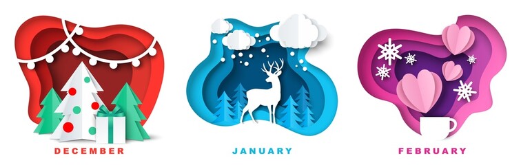 December, January and February winter season months for calendar, card, vector illustration in paper art style.