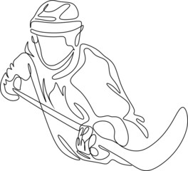 Hockey line vector. Illustration of a hockey player with a stick on the ice. Trendy minimalist line art. One single line drawing of young ice hockey player celebrate a goal at competitive game on ice 