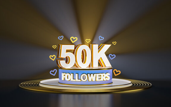 50k followers celebration, thank you social media banner with spotlight gold background 3d render