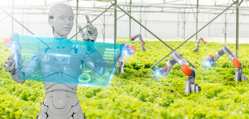 Fototapeta na wymiar An agricultural industry robotics solutions technology revolution, robot weeding harvesting nursery in organic farm fully automated artificial intelligence smart sensors, 3D render concept robot.