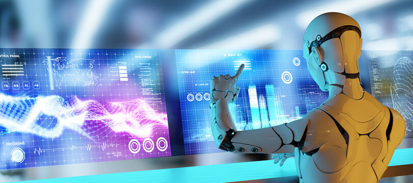 Computer aided manufacturing, future factory engineering and industrial technology, 3D robot teamwork working in factory futuristic metaverse cyber digital world