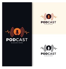 Podcast or radio logo design using microphone and headphone Premium Vector