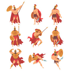 Spartan Man in Red Cloak and Helmet Armed with Spear and Shield Standing and Attacking Vector Set