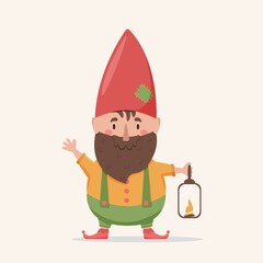 Cute Bearded gnome holds a fanar with a spark in his hand and waves his hand