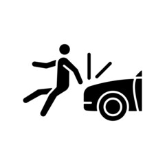 Collision involving pedestrian black glyph icon. Roadway crash. Hitting walker by car. Pedestrian injuries risk. Hit-and-run accident. Silhouette symbol on white space. Vector isolated illustration