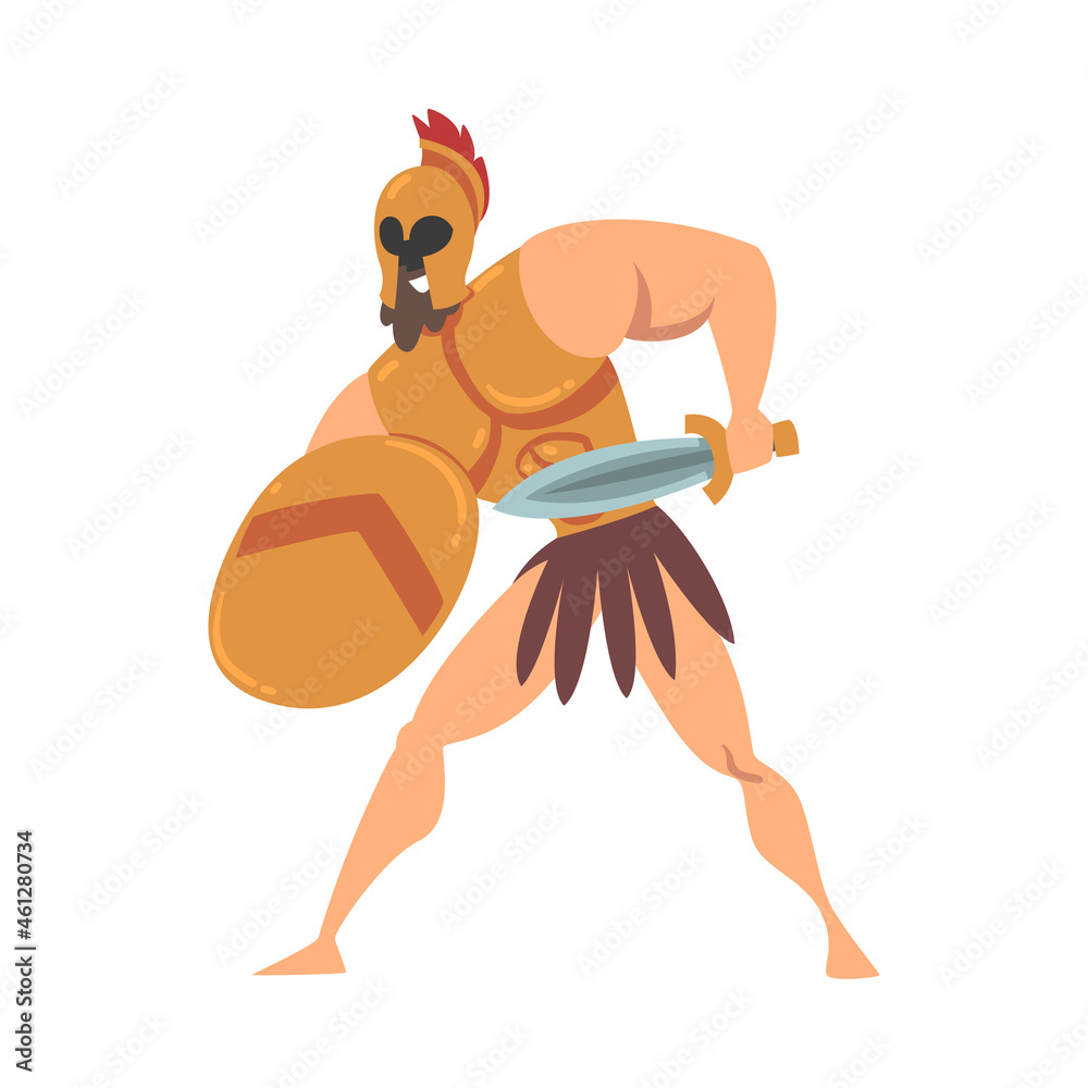 Poster spartan man in helmet armed with sword and shield attacking vector illustration