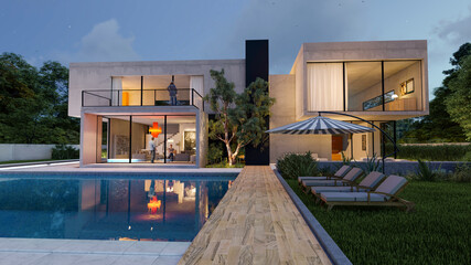 Big contemporary villa with garden and swimming pool in the evening
