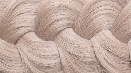 Female hair, long hair blonde plait, closeup as background. Beautifully laid light brown braided curls. Hair care shampoo and balsam for colored hair. Hairdressing procedures. Copy space.