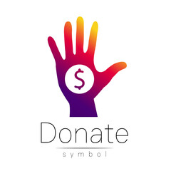 Fototapeta premium Donation sign icon. Donate money hand. Charity or endowment symbol. Human helping. on white background. .Violet color.