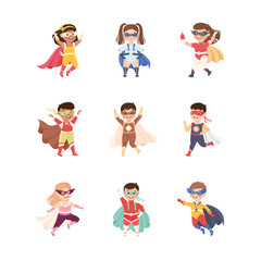 Little Boy and Girl Wearing Costume of Superhero Pretending Having Power for Fighting Crime Vector Set