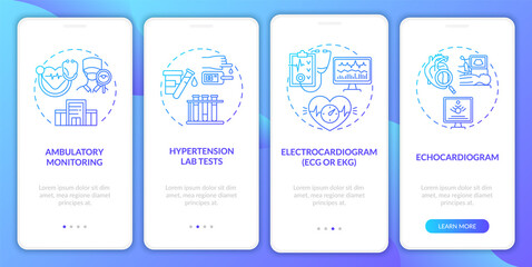 Check for hypertension onboarding mobile app page screen. ECG procedure walkthrough 4 steps graphic instructions with concepts. UI, UX, GUI vector template with linear color illustrations
