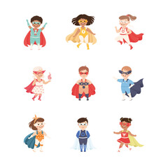 Little Boy and Girl Wearing Costume of Superhero Pretending Having Power for Fighting Crime Vector Set