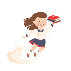 Superhero Little Girl at School Flying Forward with Books Achieving Goal and Gaining Knowledge Vector Illustration