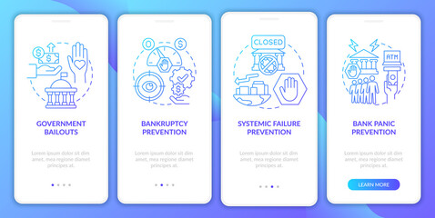 Government bank supervision onboarding mobile app page screen. Crisis prevention walkthrough 4 steps graphic instructions with concepts. UI, UX, GUI vector template with linear color illustrations