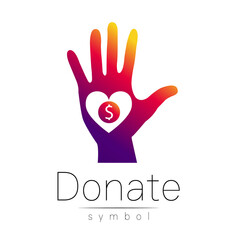 Donation sign icon. Donate money hand and heart. Charity or endowment symbol. Human helping. on white background. .Violet color.