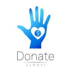 Donation sign icon. Donate money hand and heart. Charity or endowment symbol. Human helping. on white background. .Blue color.