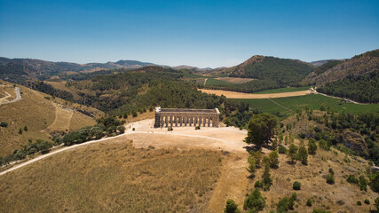 Aerial view of the historical Temple of Segesta under the blue sky in Italy