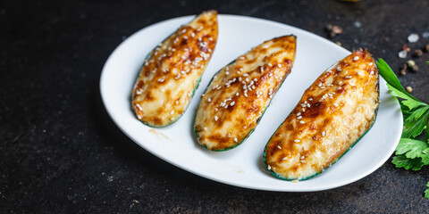 mussels baked cream cheese sauce seafood meal snack on the table copy space food background rustic top view 