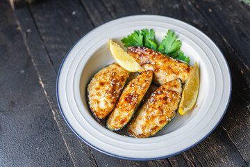 mussels baked cream cheese sauce seafood meal snack on the table copy space food background rustic top view 