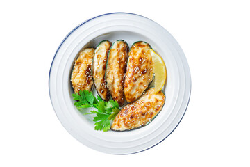 mussels baked cream cheese sauce seafood meal snack on the table copy space food background rustic top view 
